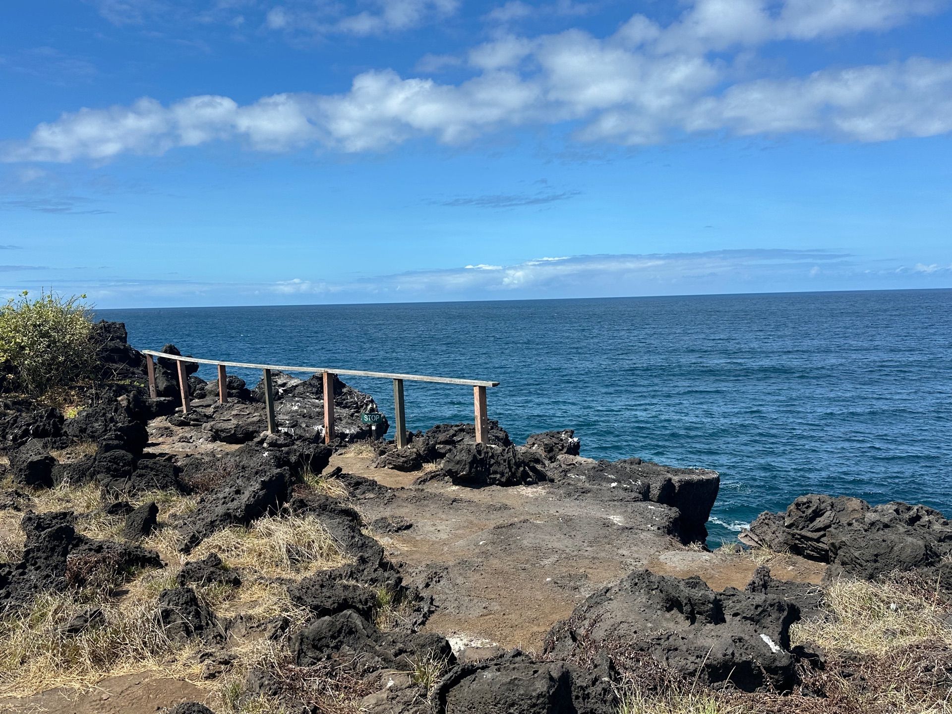 A coastal lava-rock trail with a wooden railing above the sea in the Galápagos Islands