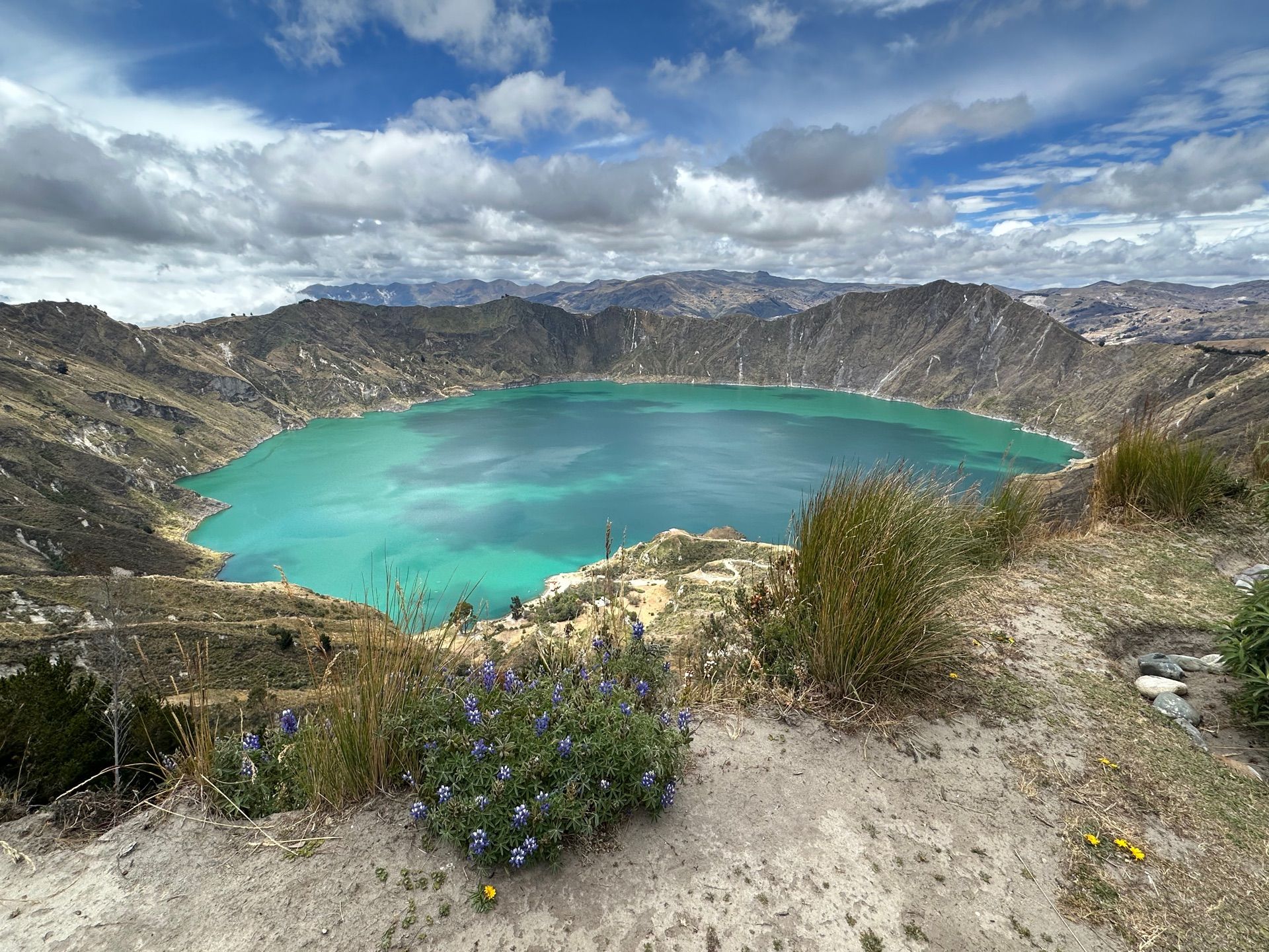 The turquoise crater lake of Quilotoa from the rim trail