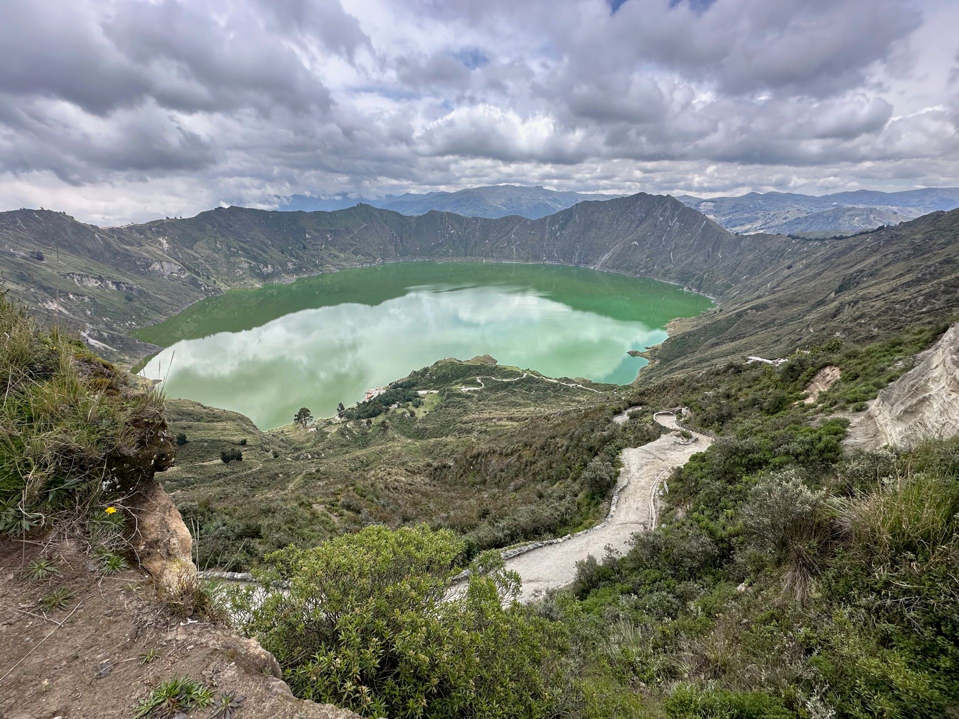 The Quilotoa crater lake and the zigzag trail below the rim on Ecuador's Quilotoa Loop